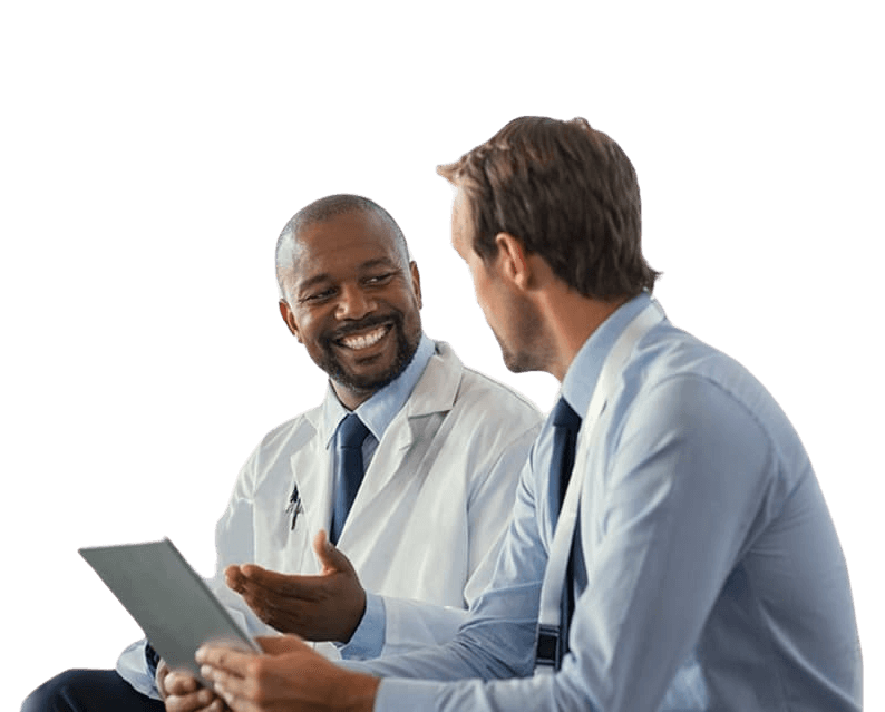 A doctor in a white coat is discussing his practice with a business consultant holding an iPad.